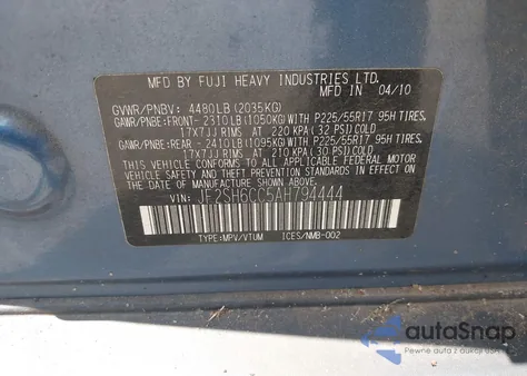 2010 Subaru Forester 2.5X Premium z USA, uszkodzony, nr VIN JF2SH6CC5AH794444